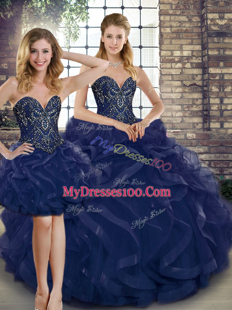 Custom Design Tulle Sleeveless Floor Length 15th Birthday Dress and Beading and Ruffles