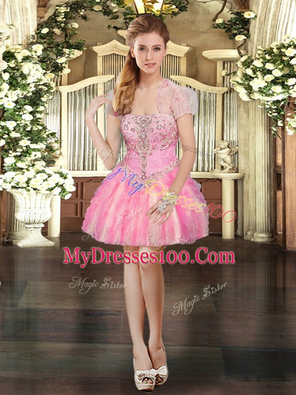 Tulle Strapless Sleeveless Lace Up Beading and Ruffles Quinceanera Gown in Baby Pink