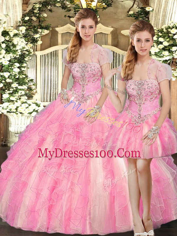 Tulle Strapless Sleeveless Lace Up Beading and Ruffles Quinceanera Gown in Baby Pink
