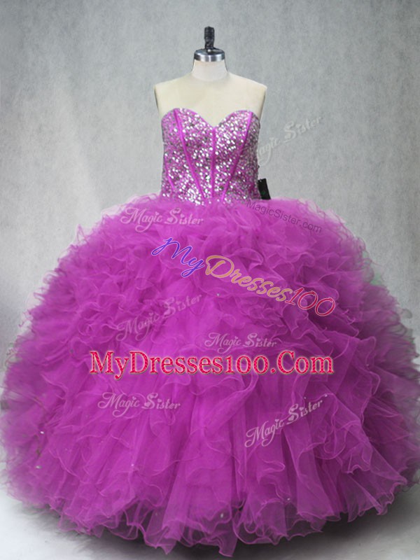 Artistic Tulle Scoop Sleeveless Lace Up Beading and Ruffles Quinceanera Dress in Fuchsia