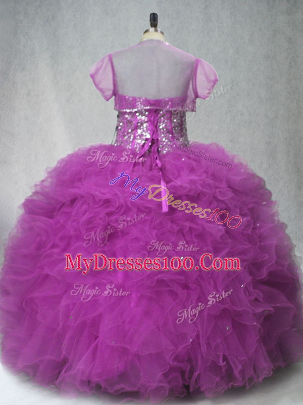 Artistic Tulle Scoop Sleeveless Lace Up Beading and Ruffles Quinceanera Dress in Fuchsia