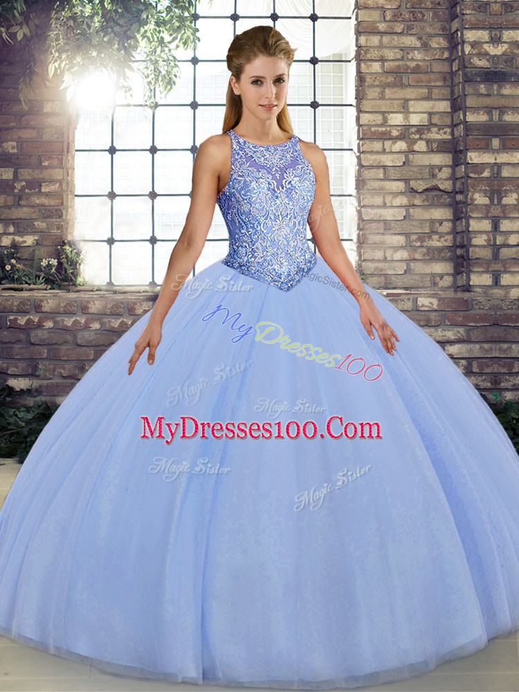 New Style Tulle Scoop Sleeveless Lace Up Embroidery Sweet 16 Dresses in Lavender