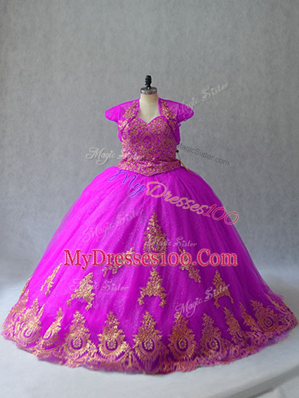 Sleeveless Tulle Court Train Lace Up Quince Ball Gowns in Fuchsia with Beading and Appliques