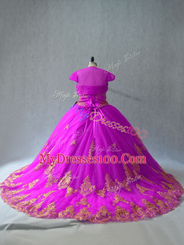 Sleeveless Tulle Court Train Lace Up Quince Ball Gowns in Fuchsia with Beading and Appliques
