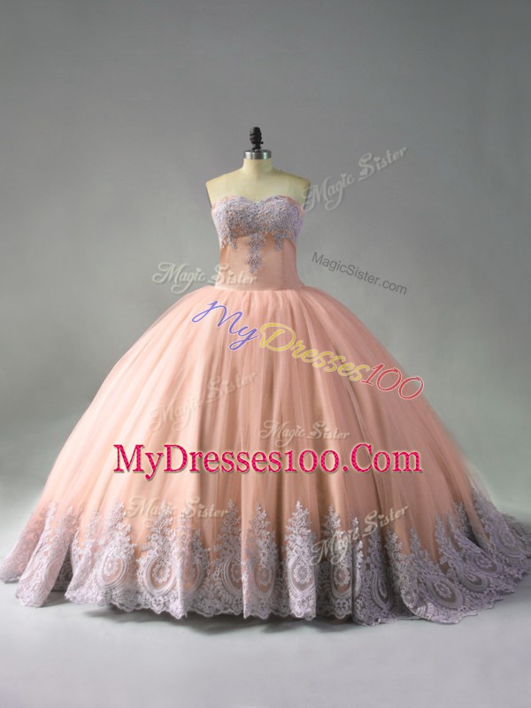 Sleeveless Tulle Court Train Lace Up Sweet 16 Dresses in Peach with Beading and Appliques