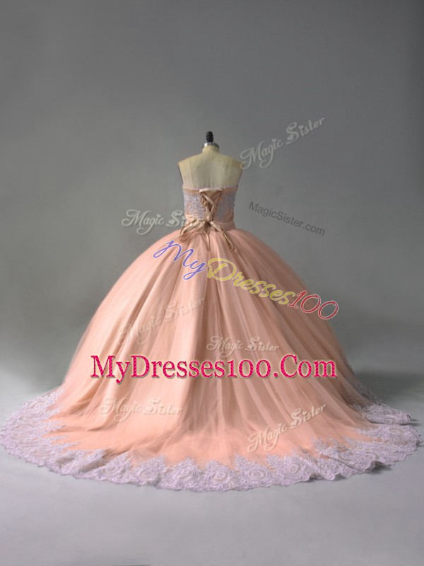Sleeveless Tulle Court Train Lace Up Sweet 16 Dresses in Peach with Beading and Appliques