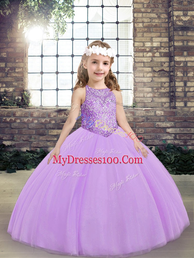 Stunning Ball Gowns Little Girls Pageant Gowns Lavender Scoop Tulle Sleeveless Floor Length Lace Up