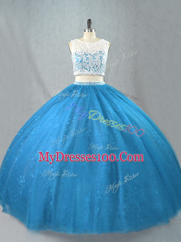 Tulle Scoop Sleeveless Zipper Beading Sweet 16 Quinceanera Dress in Blue