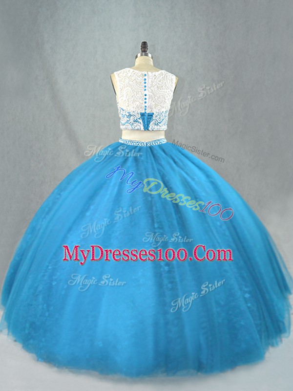 Tulle Scoop Sleeveless Zipper Beading Sweet 16 Quinceanera Dress in Blue