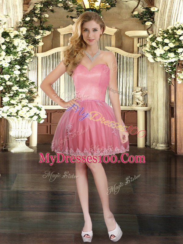 Sleeveless Tulle Mini Length Lace Up Prom Gown in Watermelon Red with Appliques