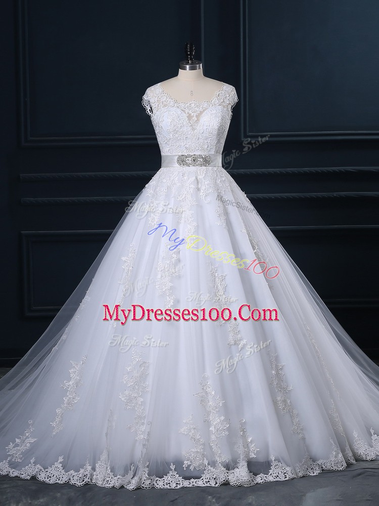 White Tulle Zipper Bridal Gown Sleeveless Court Train Beading and Lace