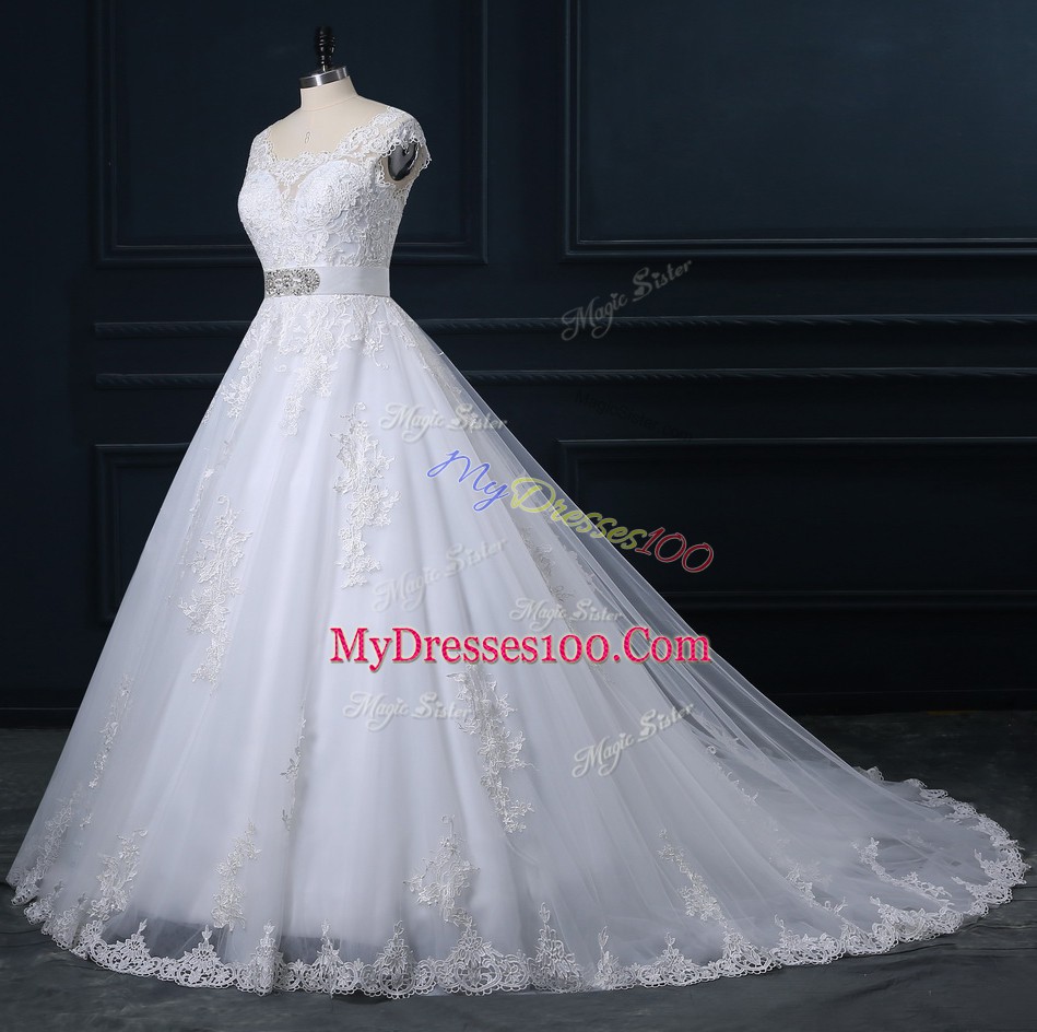 White Tulle Zipper Bridal Gown Sleeveless Court Train Beading and Lace