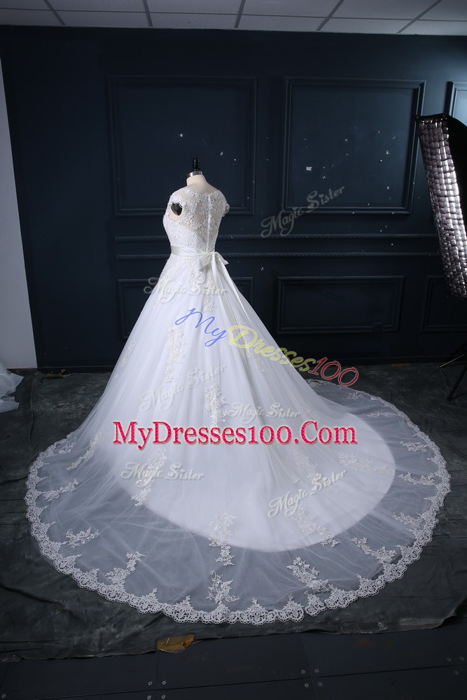 White Tulle Zipper Bridal Gown Sleeveless Court Train Beading and Lace