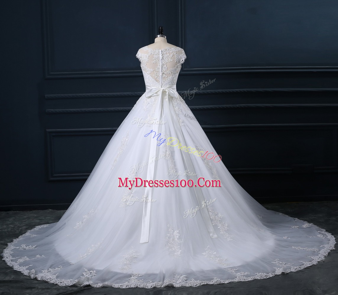 White Tulle Zipper Bridal Gown Sleeveless Court Train Beading and Lace