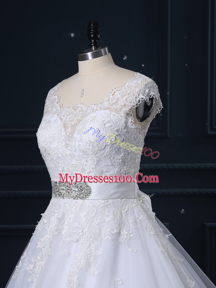 White Tulle Zipper Bridal Gown Sleeveless Court Train Beading and Lace