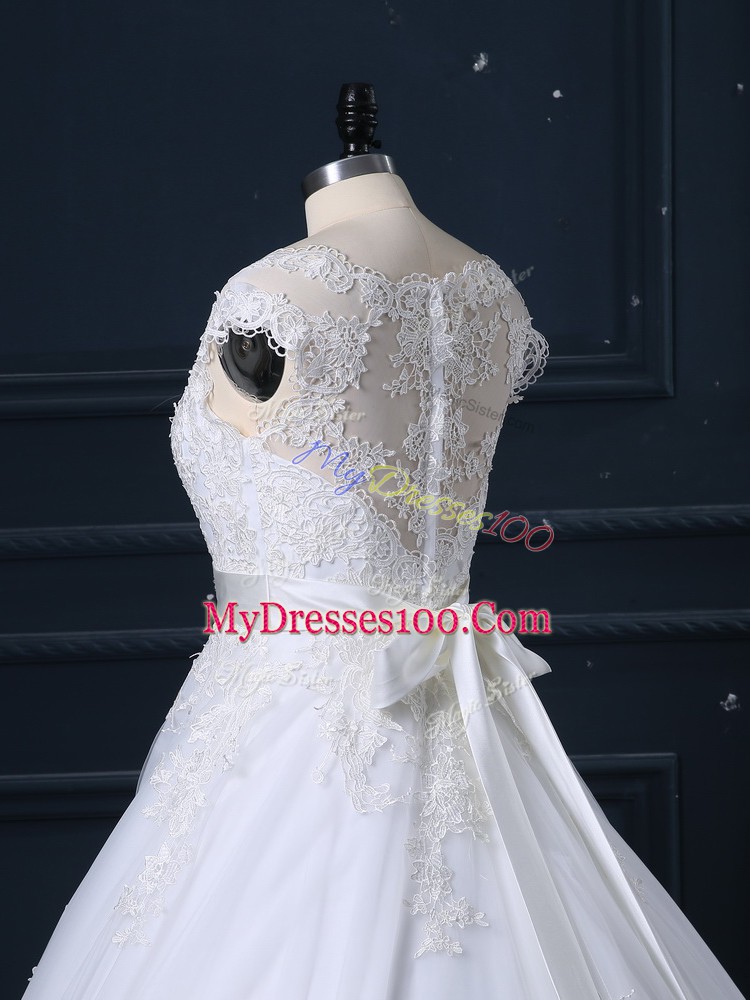 White Tulle Zipper Bridal Gown Sleeveless Court Train Beading and Lace