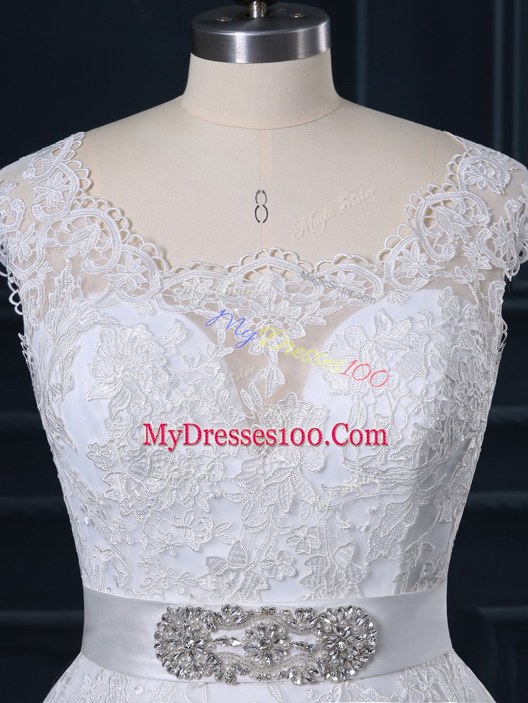 White Tulle Zipper Bridal Gown Sleeveless Court Train Beading and Lace