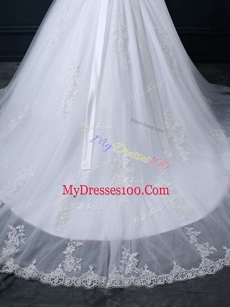 White Tulle Zipper Bridal Gown Sleeveless Court Train Beading and Lace