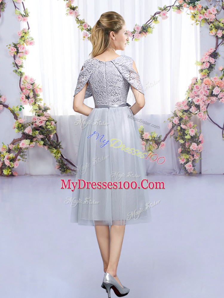 Sleeveless Tea Length Lace and Belt Zipper Bridesmaids Dress with Grey