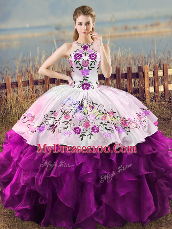 White And Purple Sleeveless Organza Lace Up Quince Ball Gowns for Sweet 16 and Quinceanera