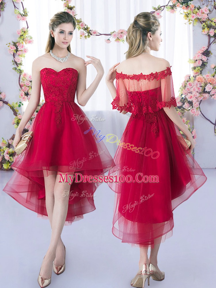 A-line Dama Dress for Quinceanera Wine Red Sweetheart Tulle Sleeveless High Low Lace Up
