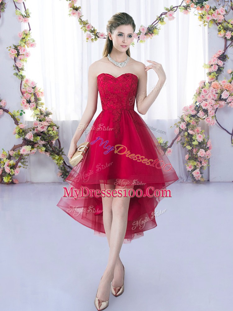 A-line Dama Dress for Quinceanera Wine Red Sweetheart Tulle Sleeveless High Low Lace Up