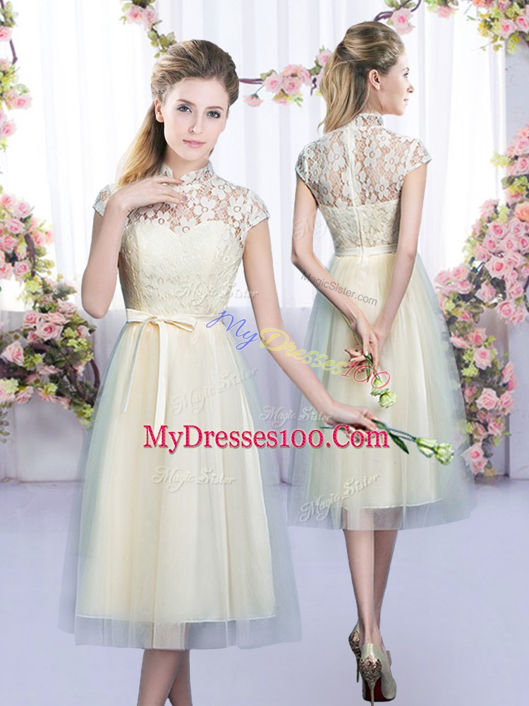 Amazing Champagne Zipper Vestidos de Damas Lace and Bowknot Cap Sleeves Tea Length