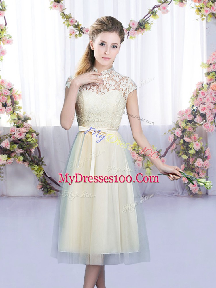 Amazing Champagne Zipper Vestidos de Damas Lace and Bowknot Cap Sleeves Tea Length