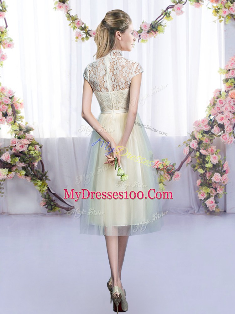 Amazing Champagne Zipper Vestidos de Damas Lace and Bowknot Cap Sleeves Tea Length