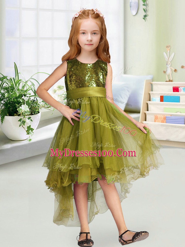 Scoop Sleeveless Zipper Flower Girl Dresses Olive Green Organza