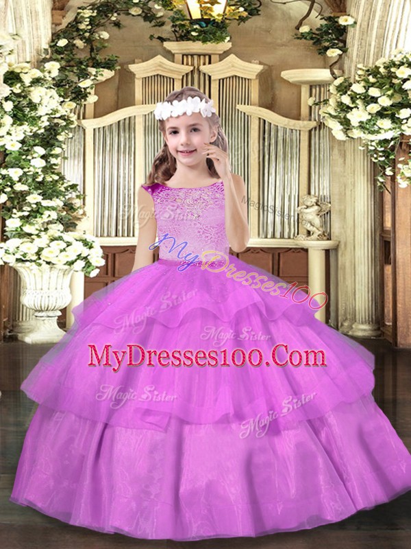 Lilac Zipper Little Girls Pageant Dress Beading and Ruffled Layers Sleeveless Floor Length