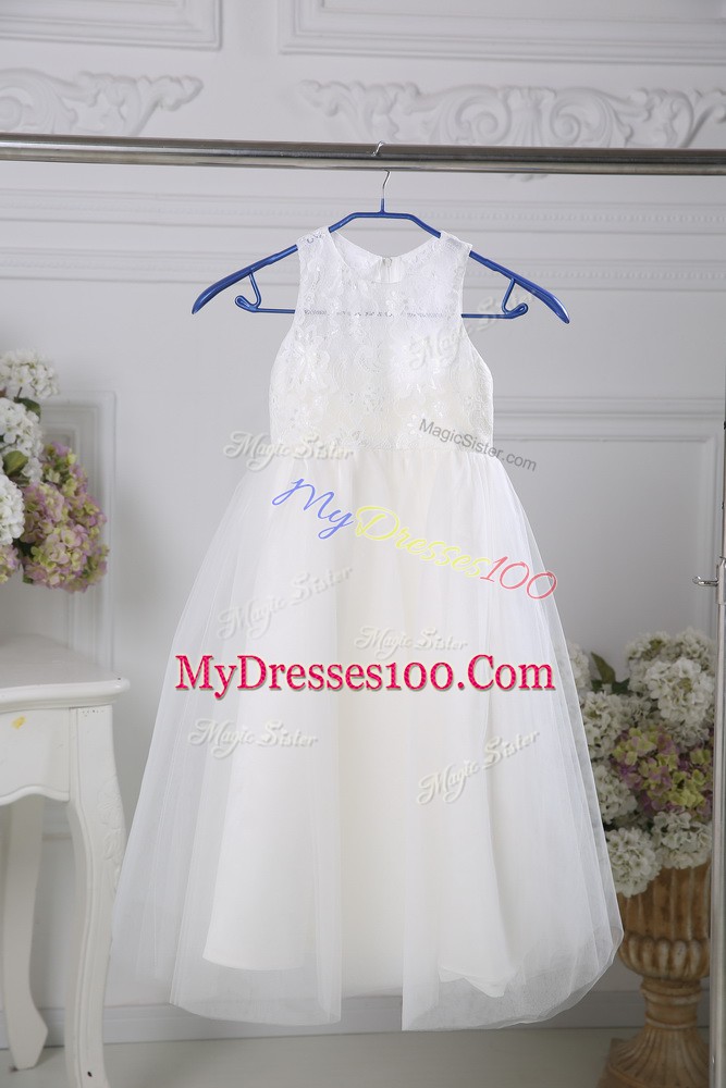 Spectacular White Flower Girl Dresses Wedding Party with Lace Scoop Sleeveless Zipper
