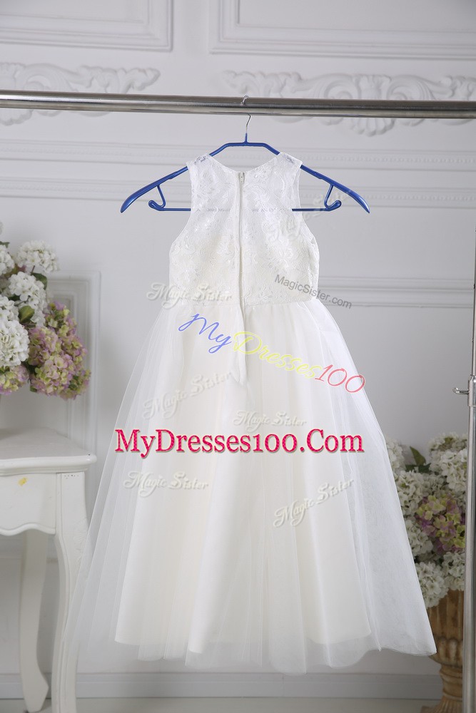 Spectacular White Flower Girl Dresses Wedding Party with Lace Scoop Sleeveless Zipper