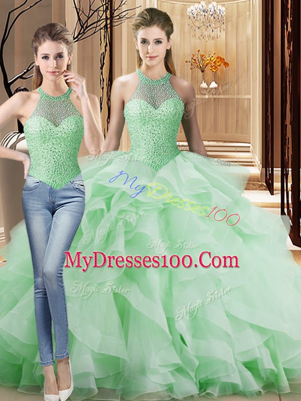 Customized Beading and Ruffles Quinceanera Dresses Apple Green Lace Up Sleeveless Brush Train