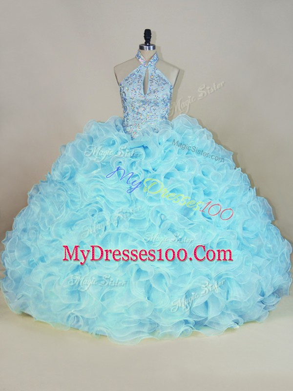 Best Aqua Blue Sweet 16 Quinceanera Dress Sweet 16 and Quinceanera with Beading and Ruffles Halter Top Sleeveless Brush Train Lace Up