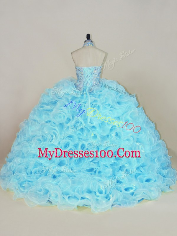 Best Aqua Blue Sweet 16 Quinceanera Dress Sweet 16 and Quinceanera with Beading and Ruffles Halter Top Sleeveless Brush Train Lace Up