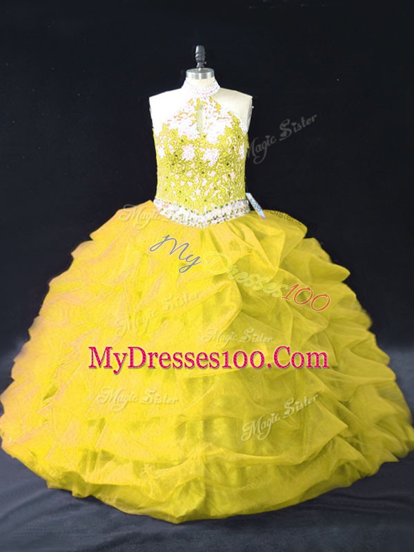 Floor Length Backless 15 Quinceanera Dress Gold for Sweet 16 and Quinceanera with Appliques and Pick Ups
