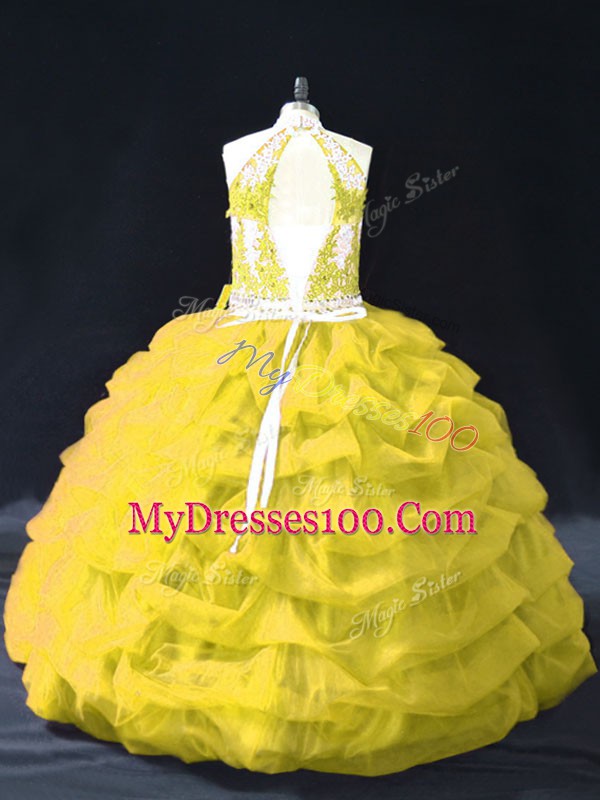 Floor Length Backless 15 Quinceanera Dress Gold for Sweet 16 and Quinceanera with Appliques and Pick Ups