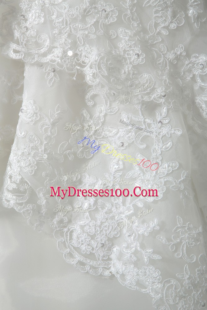 Unique Lace Up Bridal Gown White for Wedding Party with Beading and Lace and Bowknot Brush Train