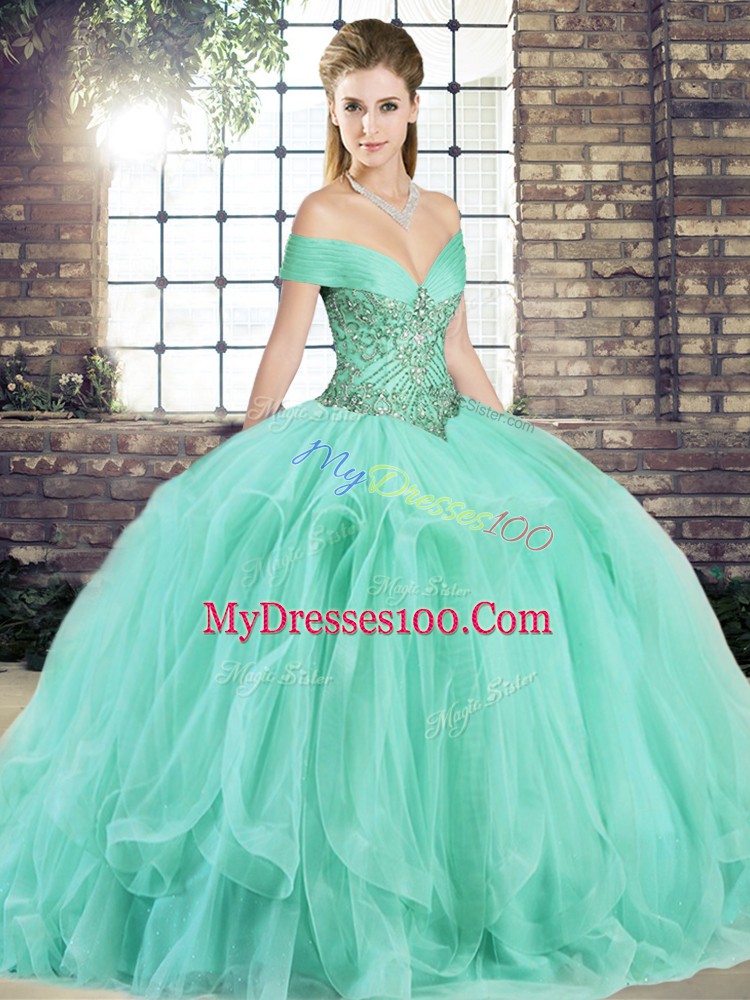 Apple Green Sleeveless Beading and Ruffles Floor Length Quince Ball Gowns