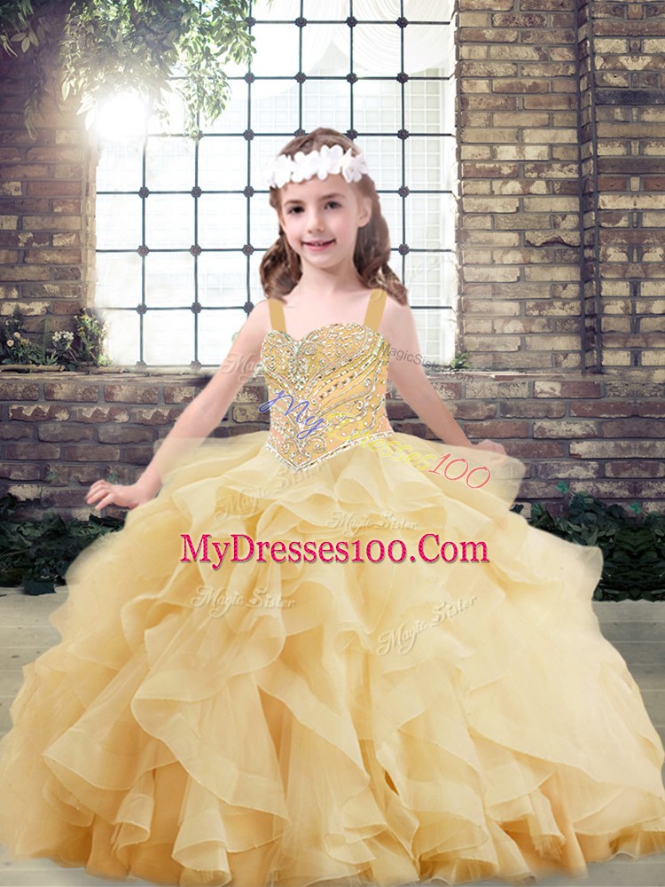 Gold Ball Gowns Beading and Ruffles Little Girls Pageant Gowns Lace Up Tulle Sleeveless Floor Length