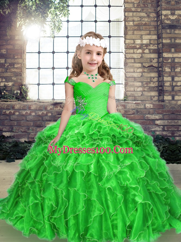 Discount Sleeveless Organza Floor Length Lace Up Little Girl Pageant Dress in Green with Beading and Ruffles