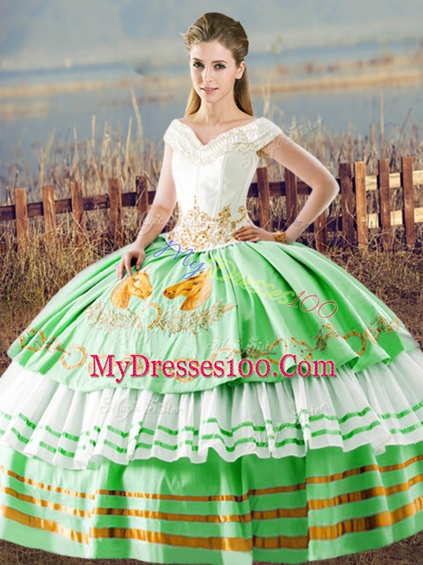 Apple Green Lace Up Vestidos de Quinceanera Embroidery and Ruffled Layers Sleeveless Floor Length