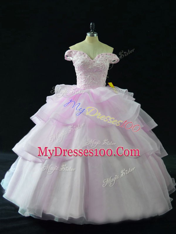 Organza Off The Shoulder Sleeveless Brush Train Lace Up Beading and Ruffled Layers 15 Quinceanera Dress in Lilac