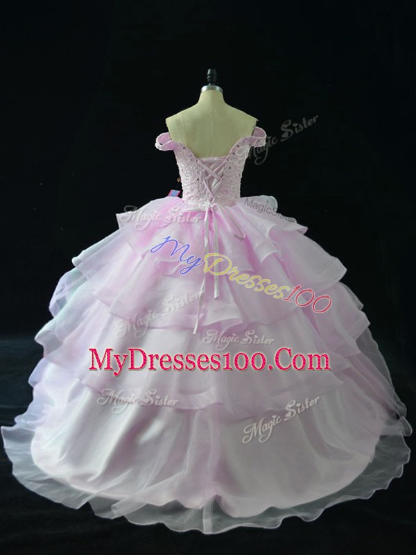 Organza Off The Shoulder Sleeveless Brush Train Lace Up Beading and Ruffled Layers 15 Quinceanera Dress in Lilac