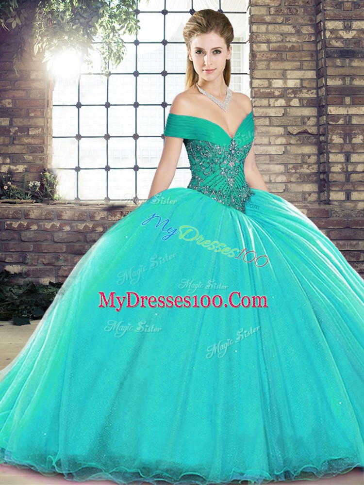 Sleeveless Brush Train Beading Lace Up Ball Gown Prom Dress