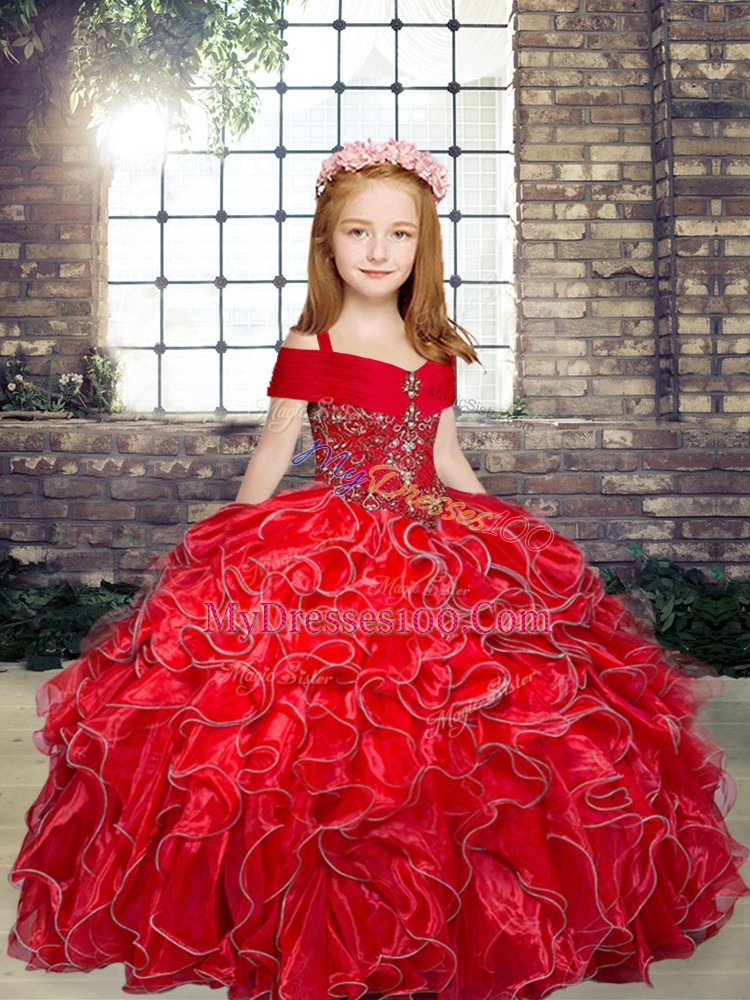 Exquisite Straps Sleeveless Lace Up Pageant Gowns For Girls Red Organza