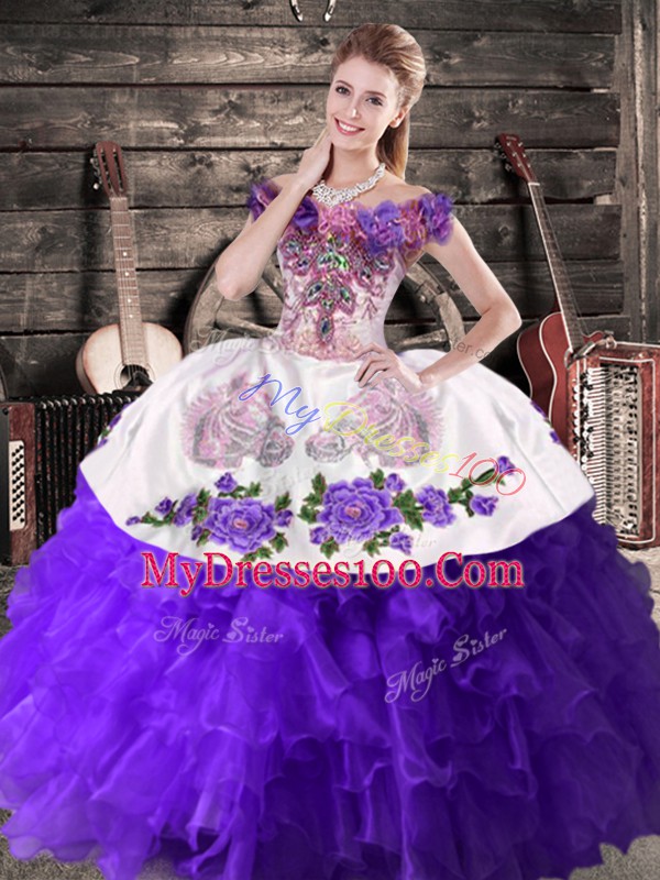 Best Purple Lace Up Vestidos de Quinceanera Embroidery and Ruffles Sleeveless Floor Length