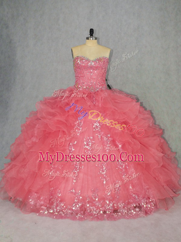 Simple Watermelon Red Lace Up Sweetheart Beading and Ruffles Sweet 16 Dresses Organza Sleeveless