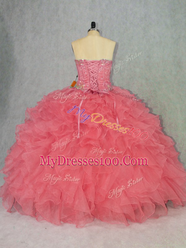 Simple Watermelon Red Lace Up Sweetheart Beading and Ruffles Sweet 16 Dresses Organza Sleeveless